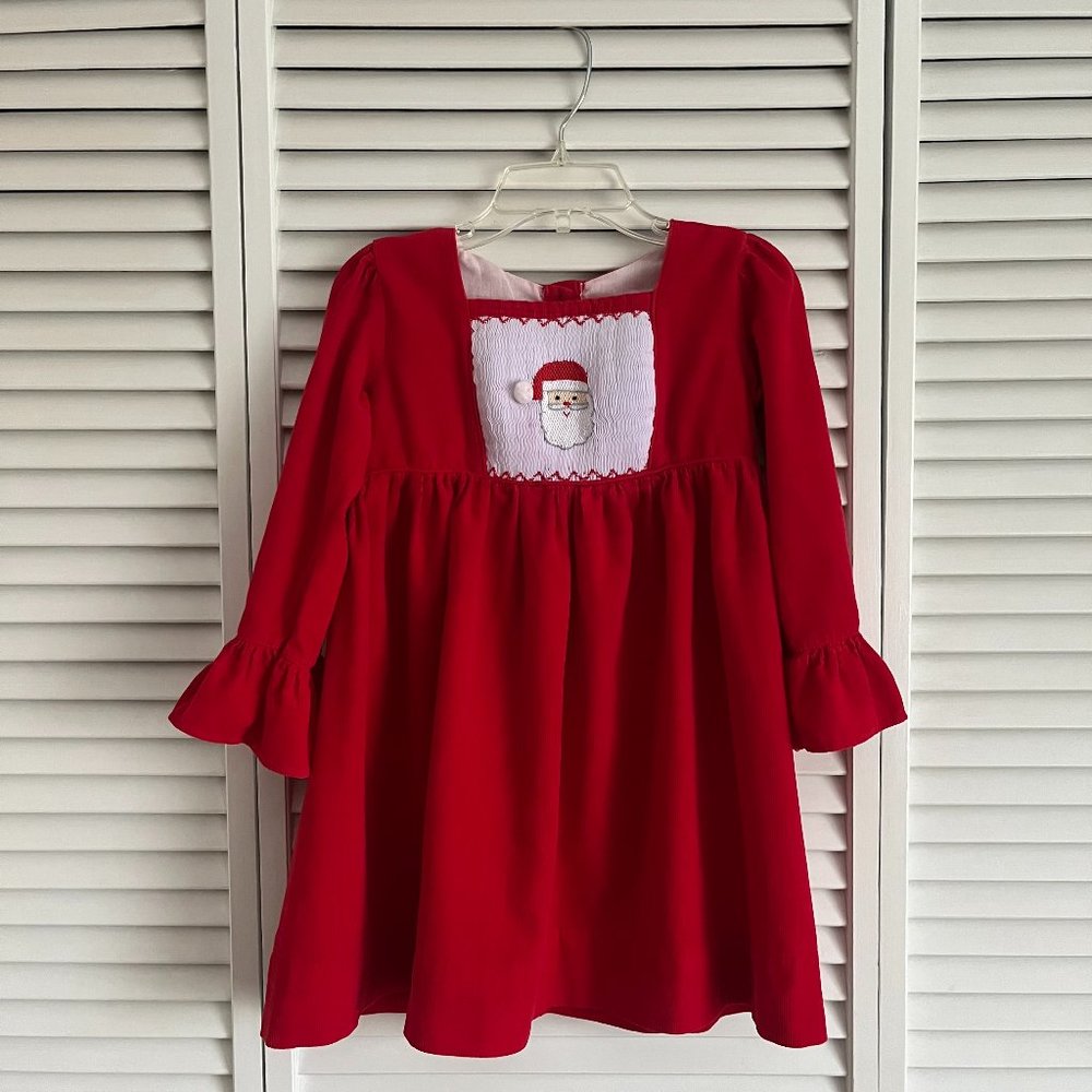 Smocked Or Not Santa smocked long sleeve dress red & white girl’s size 4
